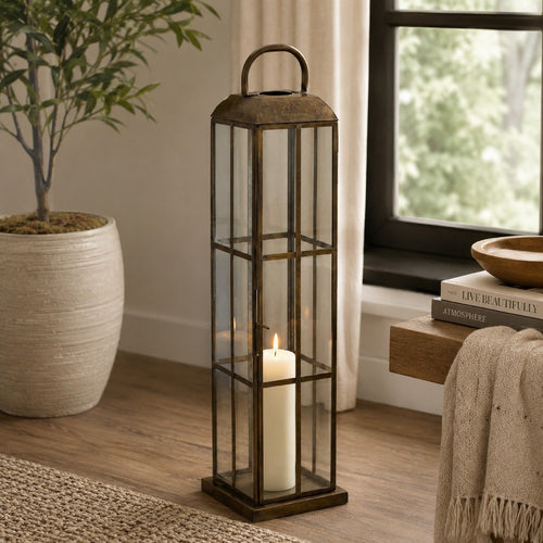 Esha 20" Tall Lantern with H&le | Clear Glass Panels | Bronze Metal