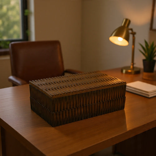 Suzie Decorative Storage Box with Textured Lid | Brown Ribbed Resin