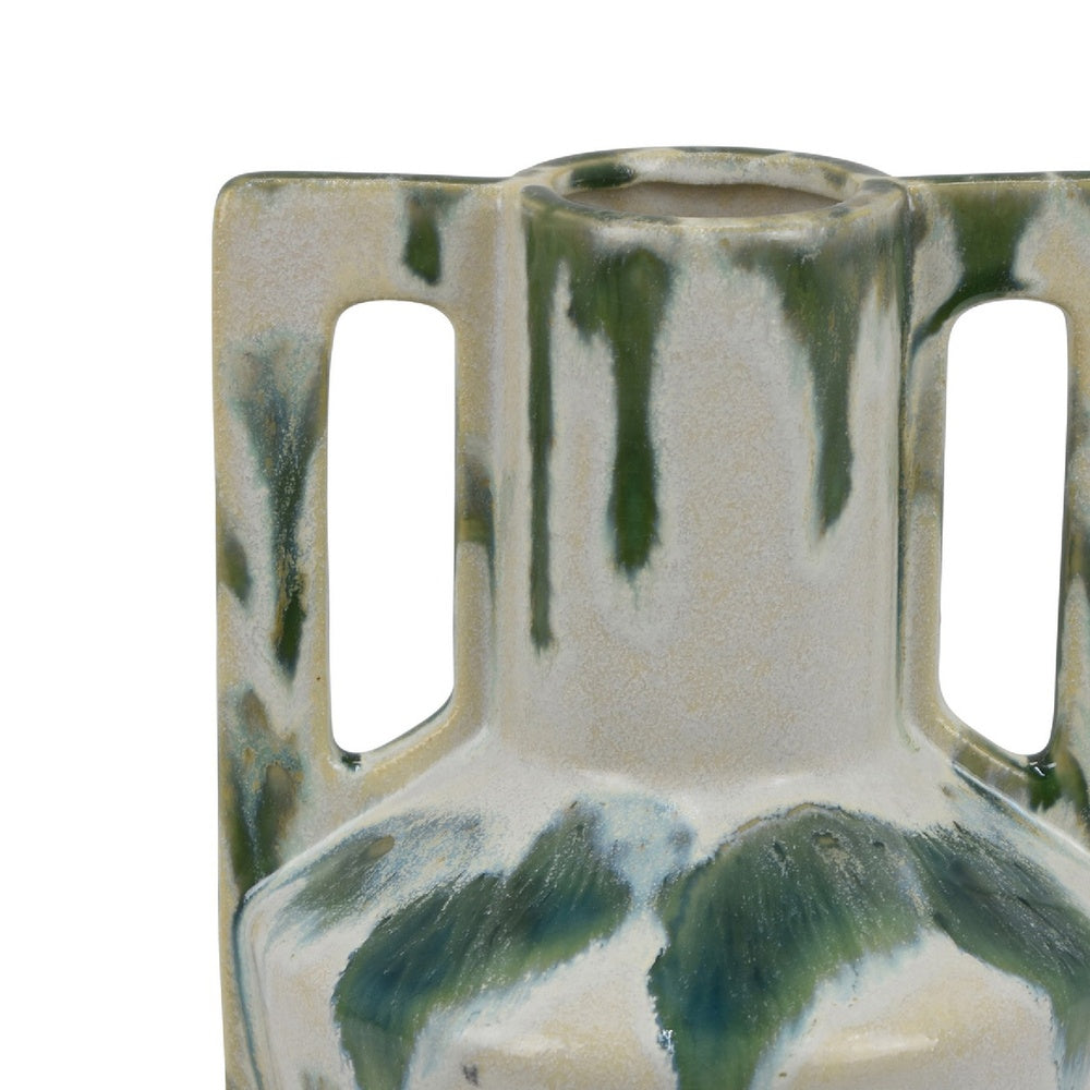 Zyma Modern Vase with Dual H&le | Green Drip Glaze | White Ceramic