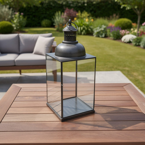 Glenn Vintage Style Lantern | Glass Panels | H&le Top Ring | Gray Metal 15"