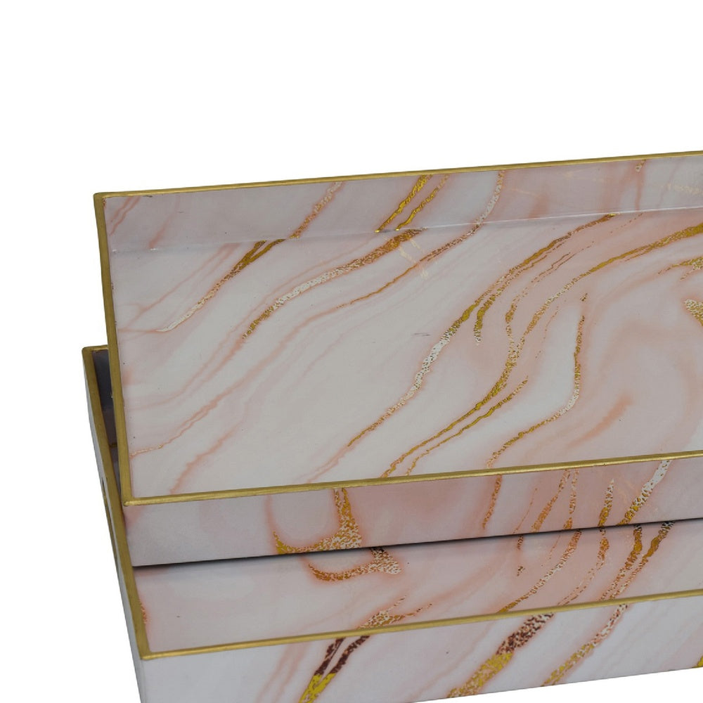 Hamza Rectangular Tray | Set of 2 | Pink-Gold Marble Finish Polyurethane