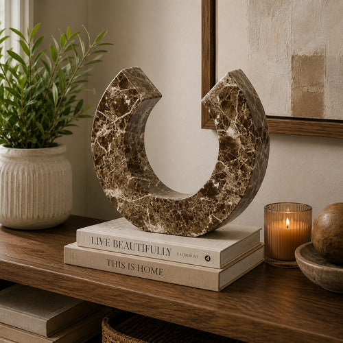 Tabletop Decor Accent | Open-Curved Frame | Brown Marble-Like Resin 14"