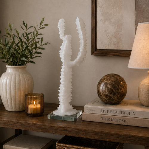 Erica Decorative Cactus Sculpture on Glass Base | White Resin 18"