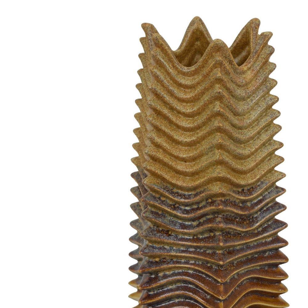 Barny Decorative Vase with Layered Waves | Textured Brown Ceramic 16"