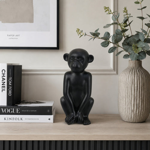 Nancy Decorative Monkey Sculpture in Seated Pose | Matte Black Ceramic 12"