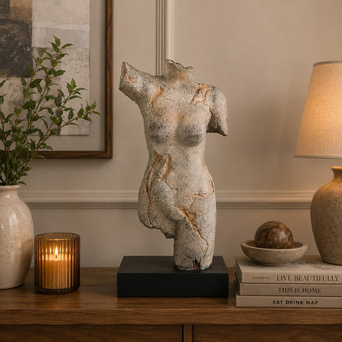 Ricky Female Torso Sculpture | Black Base | Distress Gray Resin 17"