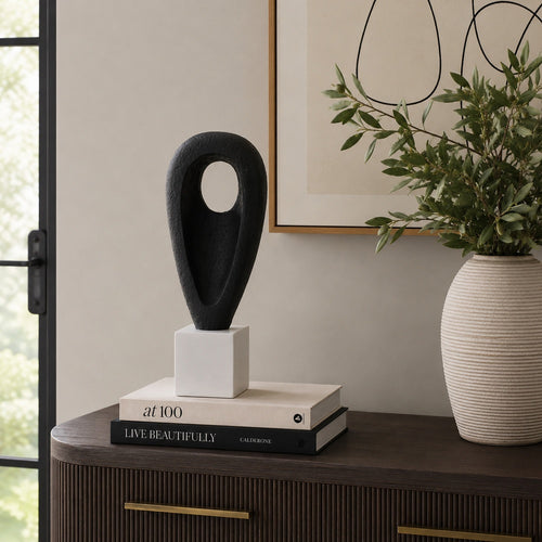 Decorative Tabletop Accent | White Marble Base | Black Teardrop | 18"