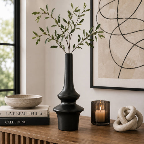 Fea Decorative Flower Vase | Narrow Mouth | Turned Black Ceramic | 17"