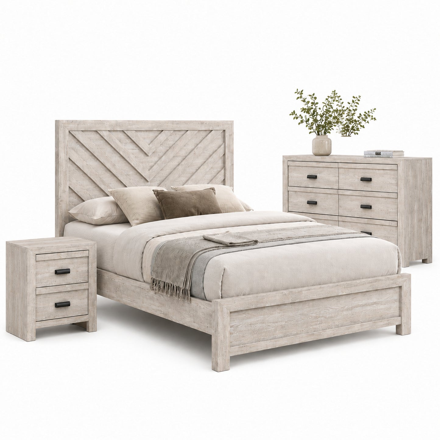 Full Bedroom Set, Beige, Black Wood, 3 Piece Set with Nightstand and Dresser