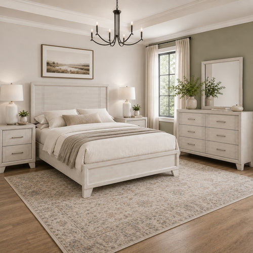 Queen Bedroom Set, White, Silver, Cream Wood, 4 Piece Set with 2 Nightstands and Dresser
