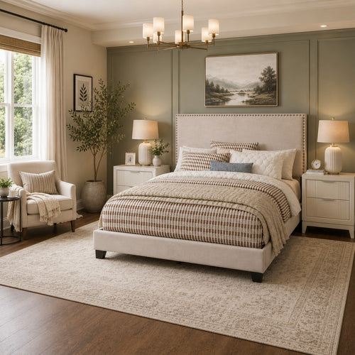 Queen Bedroom Set, Ivory, White, Chrome Wood, 3 Piece Set with 2 Nightstands