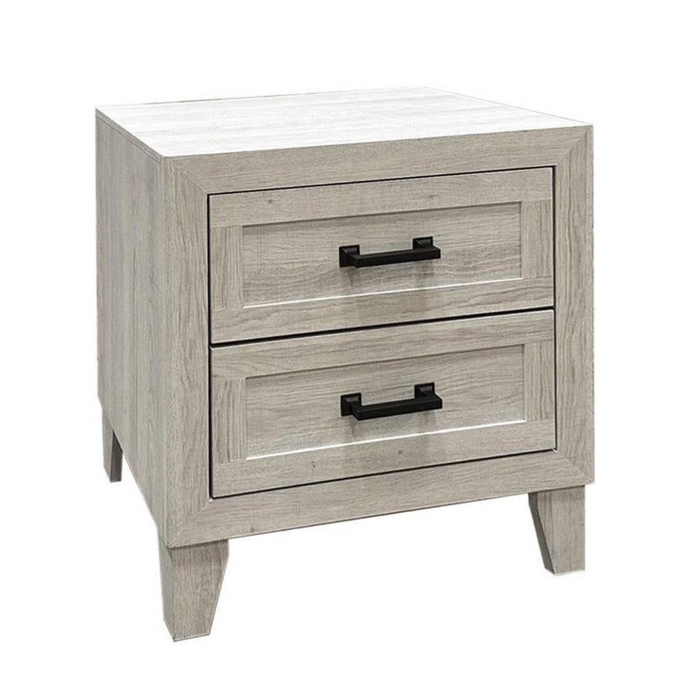 Queen Bedroom Set, White Wash, Black Wood, 2 Piece Set with Nightstand