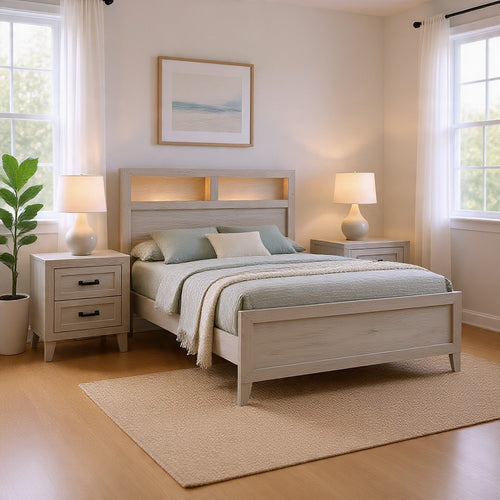 Queen Bedroom Set, White Wash, Black Wood, 3 Piece Set with 2 Nightstands