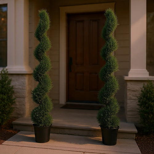 Syna Spiral Artificial Cedar Tree w Pot | Set of 2 | Green Poly Silk 71"