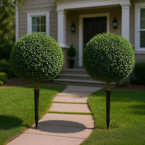 Owen Boxwood Round Ball Topiary Set w Ground Stake | Poly Silk 16"