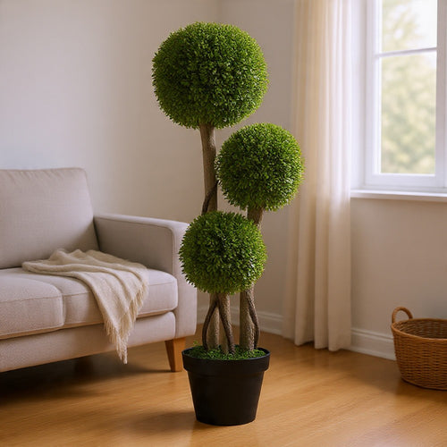 Raha Triple Ball Boxwood Tree in Black Pot | Lifelike Poly Silk 36"