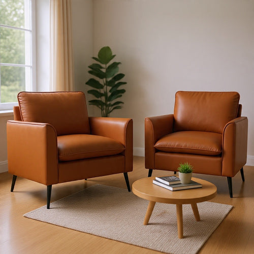 Pimi Sofa Chair Set of 2 | Brown Faux Leather | Retro Style Black Legs