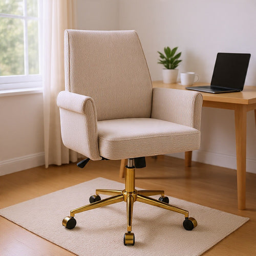Vena Liftable Office Chair | Memory Foam White Corduroy | Gold Metal Base