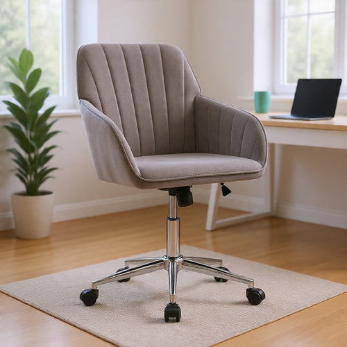 Arun Swivel Office Chair | Memory Foam | Tufted Gray Velvet | Silver Metal