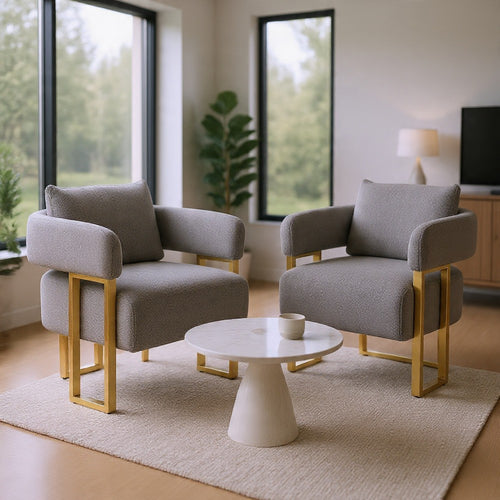 Jiya Accent Club Chair Set of 2 | Sponge Fill Gray Teddy Fleece | Gold Legs
