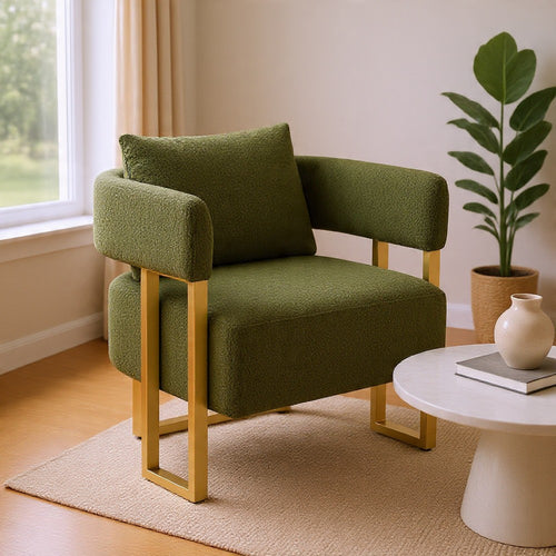 Jiya Accent Club Chair Set of 2 | Sponge Fill Green Teddy Fleece | Gold Legs