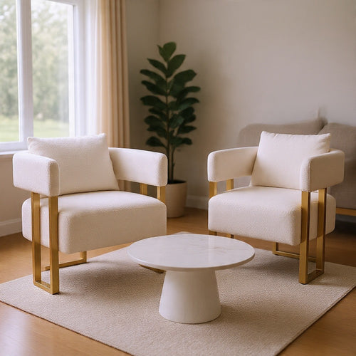 Sery Accent Armchair Set of 2 | White Teddy Fleece | Gold Square Legs