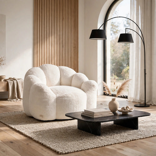 Lery Lotus Accent Sofa Chair | Compressed Bean Bag | White Faux Fur