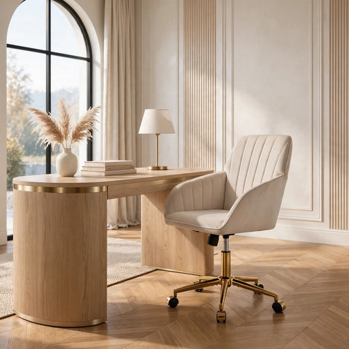 Kena Swivel Office Chair | Adjustable Height | Beige Tufted Velvet | Gold