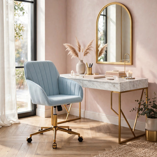 Kena Swivel Office Chair | Adjustable Height | Blue Tufted Velvet | Gold