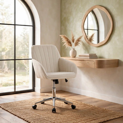 Kena Swivel Office Chair | Beige Tufted Velvet | Adjustable Height | Silver