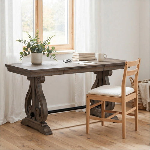 Tola Writing Desk I Hidden Drawer I Scrolled Base I Dark Oak Brown 60"