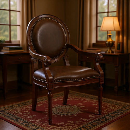 Mont Armchair I Medallion Back I Scroll Arms I Foam Fill Brown Faux Leather