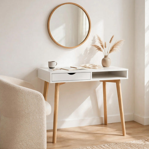 Writing Desk w Drawer & Open Cubby I White Top I Natural Brown 35"