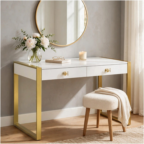 Writing Desk I 2 Drawers I High Gloss White I Matte Gold Sled Base 52"