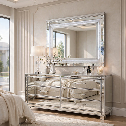 Liva Dresser Mirror w LED | Glass Panel Trim | Silver 38x44 Rectangular