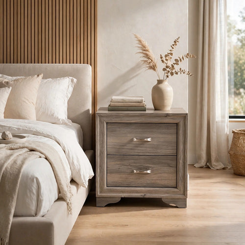 Aaz Nightst& | 2 Drawers | Silver H&les | Weathered Gray