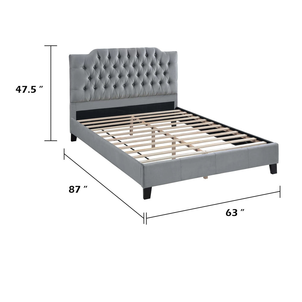 Yuko Queen Platform Bed | Tufted Gray Velvet Upholstery | Espresso Brown