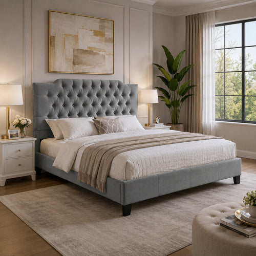 Yuko Queen Platform Bed | Tufted Gray Velvet Upholstery | Espresso Brown
