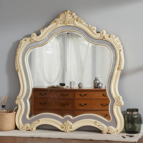 Cheny Dresser Mirror | Arched Crown | Scrolled Trim | Pearl White 45"