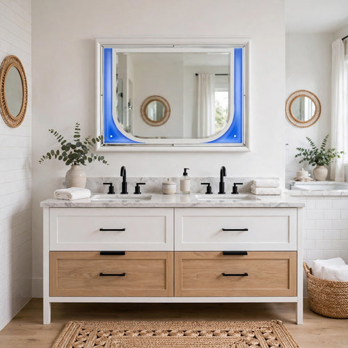 Rara Dresser Mirror w Blue LED | Rectangular L&scape Pearl White 36x47