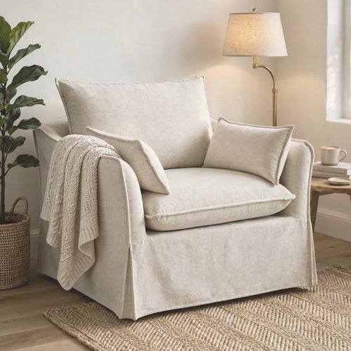 Seya Armchair w 2 Pillows | Slipcover Style | Foam Fill Seat | Beige Linen