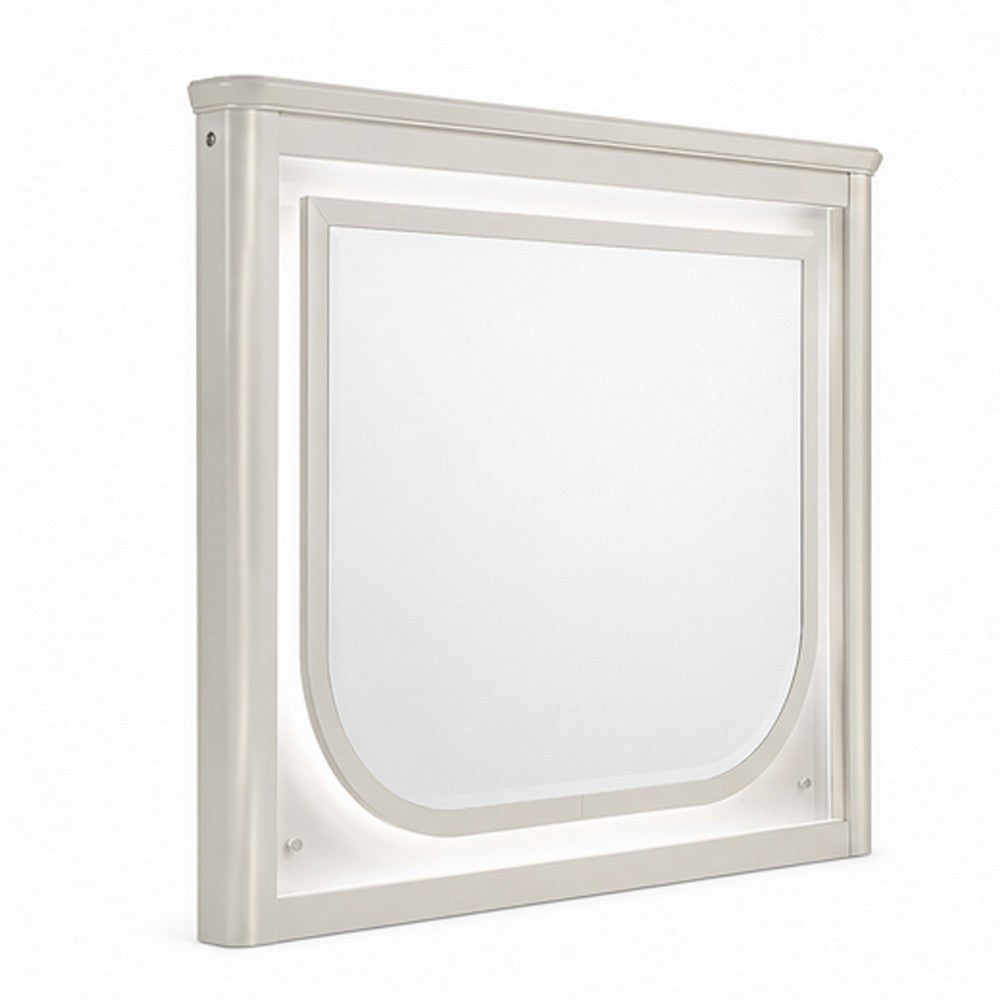 Veda Dresser Mirror w LED | Rectangular L&scape Frame Pearl White 36x45
