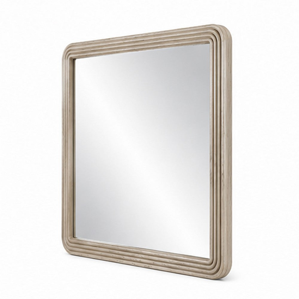 Dery Vanity Dresser Mirror | Ridged Wood Frame | Light Oak Brown | 42x48