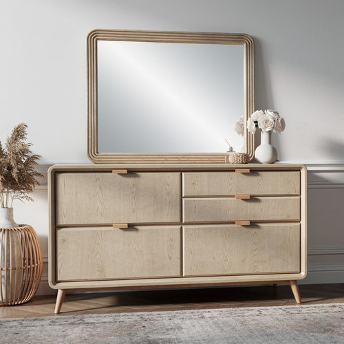 Dery Vanity Dresser Mirror | Ridged Wood Frame | Light Oak Brown | 42x48