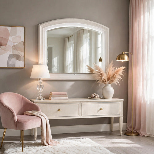 Remy Vanity Dresser Mirror w LED | Arched Frame | Antique White | 35x44