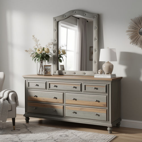 Rex Dresser Mirror | Beige Upholstery | Crystal Accent Camelback Frame | 22x30