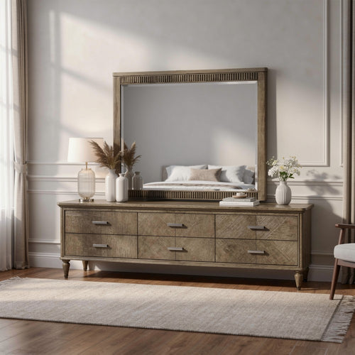 Leky Dresser Mirror | Ribbed Wooden Frame | Antique Oak Brown | 38x43