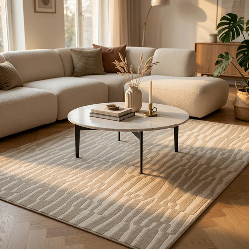 Bella 8x10 Large Area Rug with Abstract Linear Patterns | Beige-White