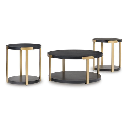 Shyla 3Pc Round Coffee Table Set with Lower Shelf | Black Wood | Brass Metal