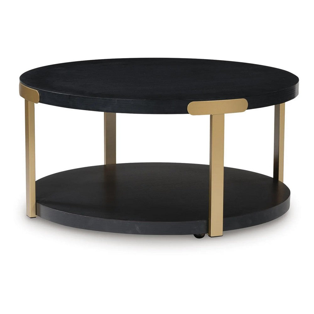 Shyla 3Pc Round Coffee Table Set with Lower Shelf | Black Wood | Brass Metal